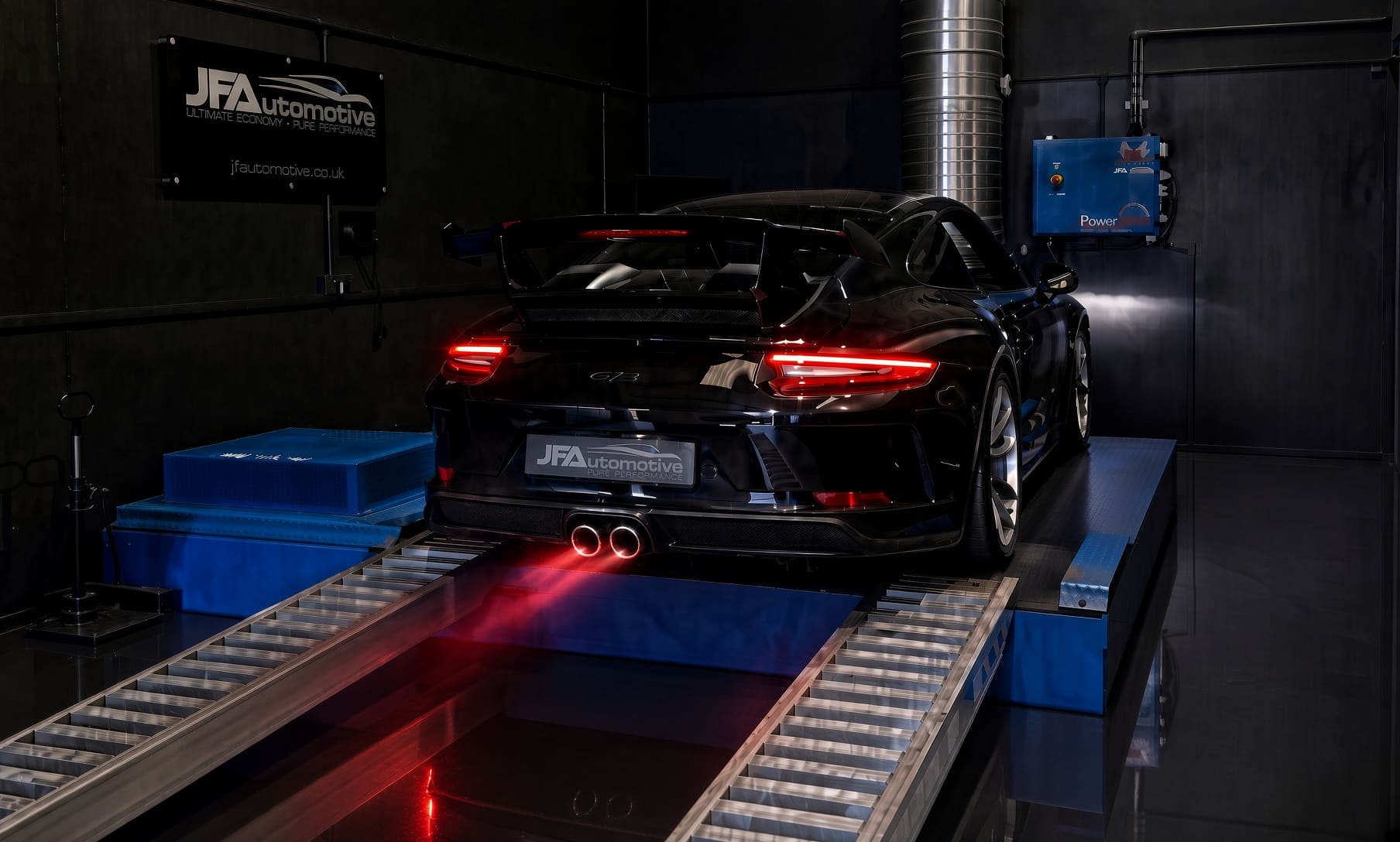 Porsche 911 GT3 strapped down on the 4WD rolling road at JF Automotive in Maidstone